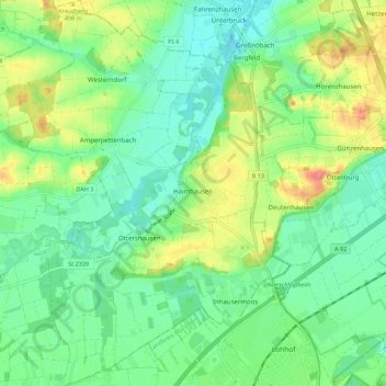 Topografische Karte Haimhausen, Höhe, Relief