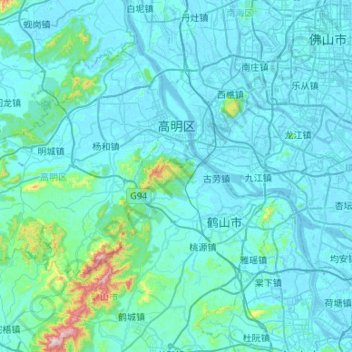 Topografische Karte 高明区, Höhe, Relief