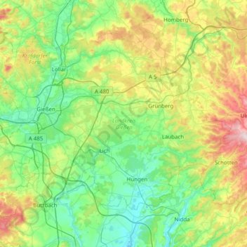 Topografische Karte Landkreis Gießen, Höhe, Relief