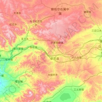 Topografische Karte Zhuozi County, Höhe, Relief