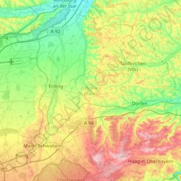 Topografische Karte Landkreis Erding, Höhe, Relief