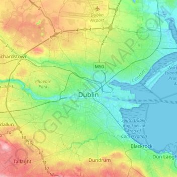 Topografische Karte Dublin, Höhe, Relief