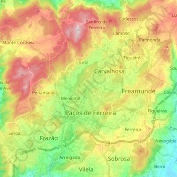 Topografische Karte Paços de Ferreira, Höhe, Relief