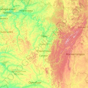 Topografische Karte Bachkortostan, Höhe, Relief