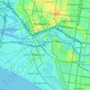 Topografische Karte Melbourne City, Höhe, Relief