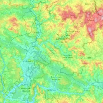 Topografische Karte Landkreis Schwandorf, Höhe, Relief