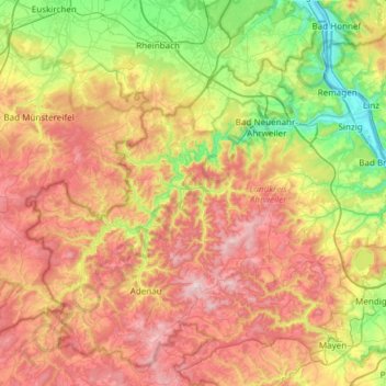 Topografische Karte Landkreis Ahrweiler, Höhe, Relief