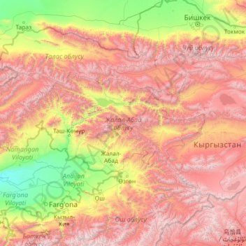 Topografische Karte Gebiet Dschalalabat, Höhe, Relief