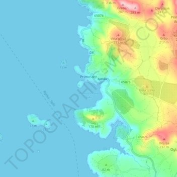 Topografische Karte Primošten, Höhe, Relief