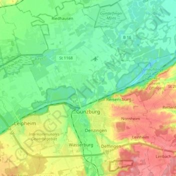 Topografische Karte Günzburg, Höhe, Relief