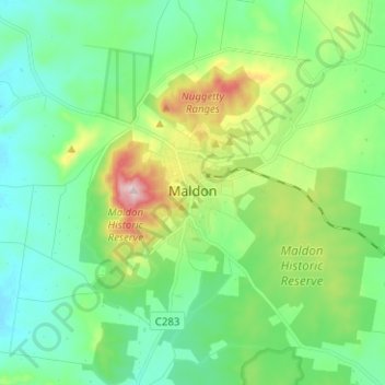 Topografische Karte Maldon, Höhe, Relief