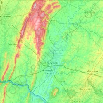 Topografische Karte Frederick County, Höhe, Relief