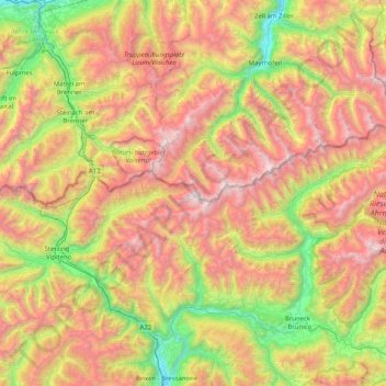 Topografische Karte Zillertal Alps, Höhe, Relief