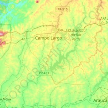 Topografische Karte Rio Verde, Höhe, Relief