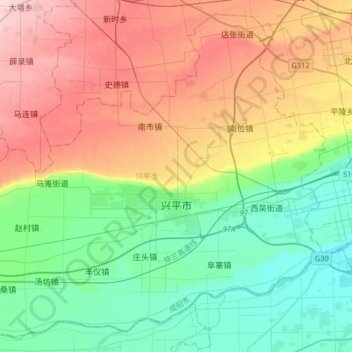 Topografische Karte 兴平市, Höhe, Relief