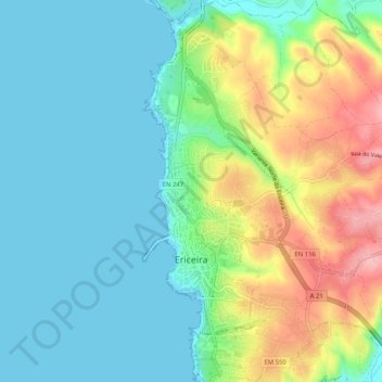 Topografische Karte Ericeira, Höhe, Relief
