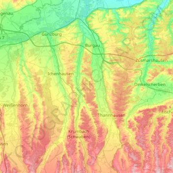 Topografische Karte Landkreis Günzburg, Höhe, Relief