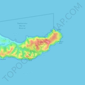 Topografische Karte Tawharanui Regional Park, Höhe, Relief