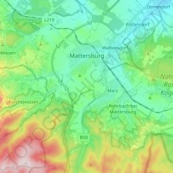 Topografische Karte Mattersburg, Höhe, Relief