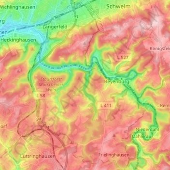 Topografische Karte Langerfeld-Beyenburg, Höhe, Relief