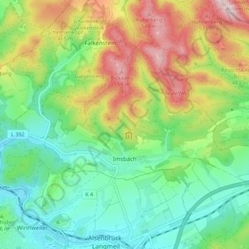 Topografische Karte Imsbach, Höhe, Relief