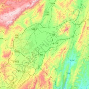 Topografische Karte Songming County, Höhe, Relief