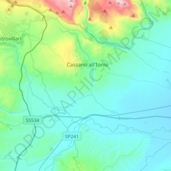 Topografische Karte Cassano all'Ionio, Höhe, Relief