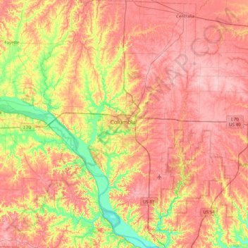 Topografische Karte Boone County, Höhe, Relief