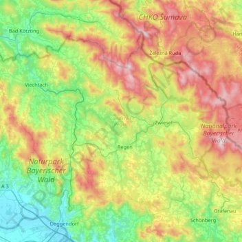 Topografische Karte Landkreis Regen, Höhe, Relief