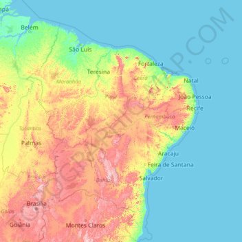 Topografische Karte Região Nordeste, Höhe, Relief