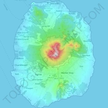 Topografische Karte Nevis, Höhe, Relief