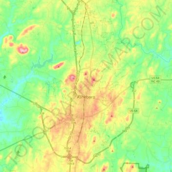 Topografische Karte Asheboro, Höhe, Relief