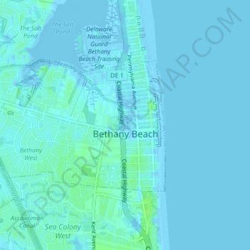 Topografische Karte Bethany Beach, Höhe, Relief