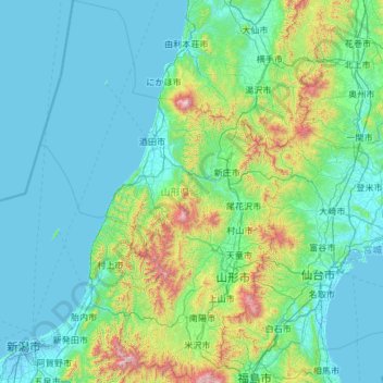 Topografische Karte Präfektur Yamagata, Höhe, Relief