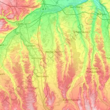 Topografische Karte Landkreis Neu-Ulm, Höhe, Relief