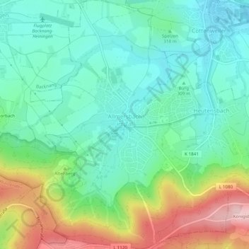 Topografische Karte Allmersbach, Höhe, Relief