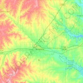 Topografische Karte Lyon County, Höhe, Relief