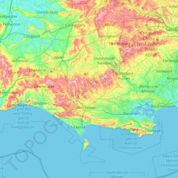 Topografische Karte Dorset, Höhe, Relief