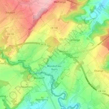 Topografische Karte Mondorf-les-Bains, Höhe, Relief