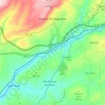Topografische Karte Fornos de Algodres, Höhe, Relief
