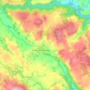 Topografische Karte Moretonhampstead, Höhe, Relief