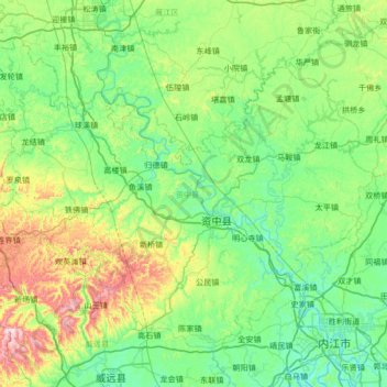 Topografische Karte Zizhong County, Höhe, Relief