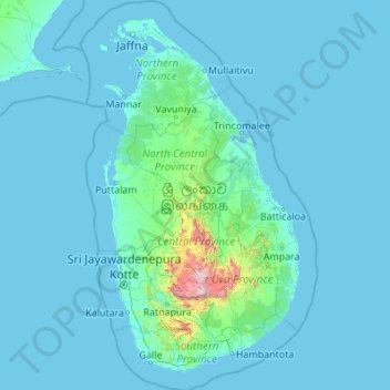 Topografische Karte Sri Lanka, Höhe, Relief