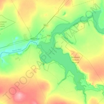 Topografische Karte Bloemhof Dam, Höhe, Relief
