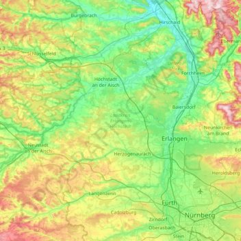 Topografische Karte Landkreis Erlangen-Höchstadt, Höhe, Relief
