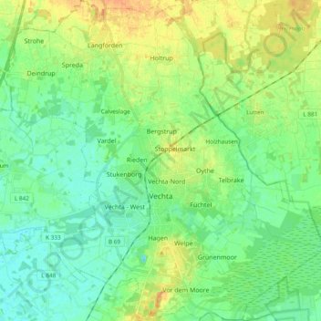 Topografische Karte Vechta, Höhe, Relief