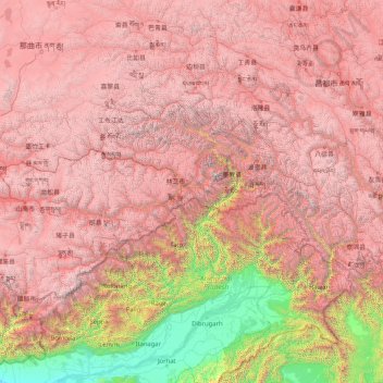 Topografische Karte Nyingchi Prefecture, Höhe, Relief