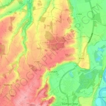 Topografische Karte Dietach, Höhe, Relief