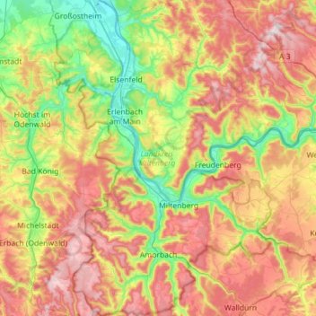 Topografische Karte Landkreis Miltenberg, Höhe, Relief
