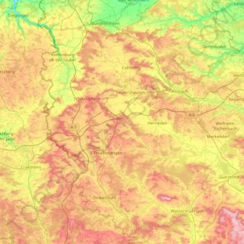 Topografische Karte Landkreis Ansbach, Höhe, Relief